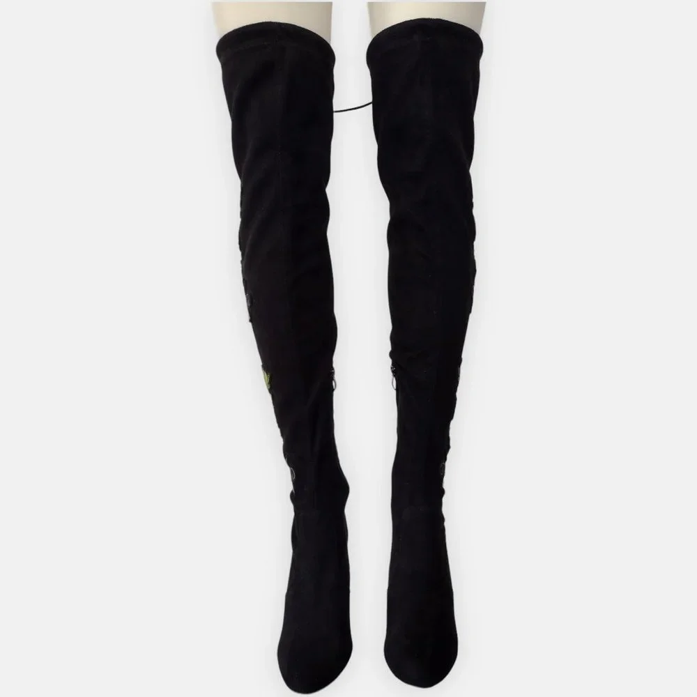 Top Moda Black Suede Floral Embroidered Over The Knee Boots 8.5
